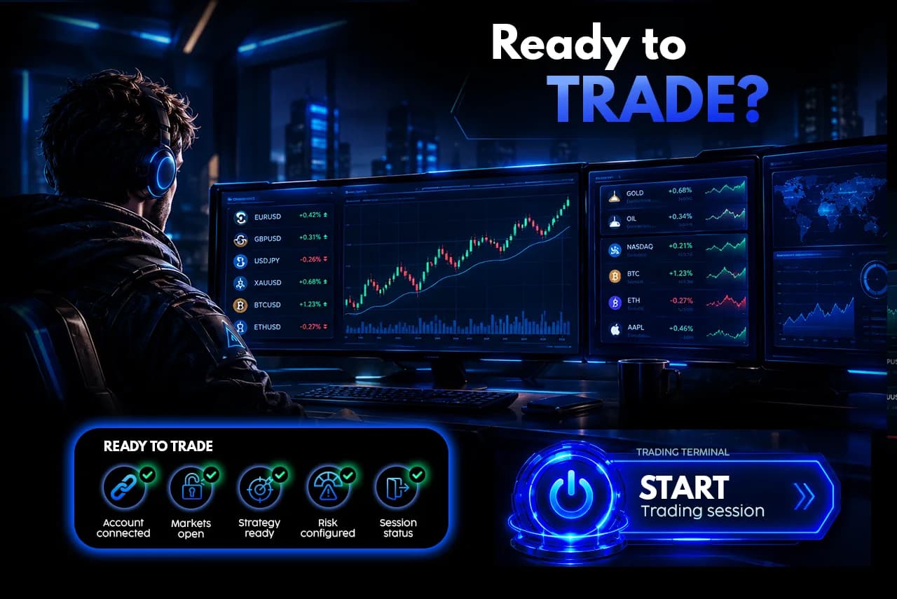 Trader in front of the Fintix terminal, with every session check complete