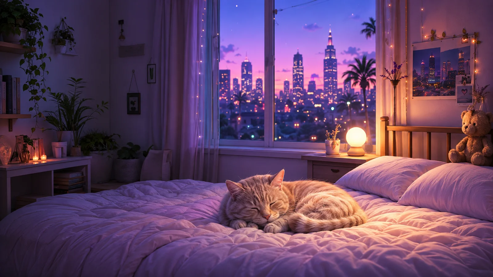 Gato dormido en una cama acogedora con vista a la ciudad al atardecer