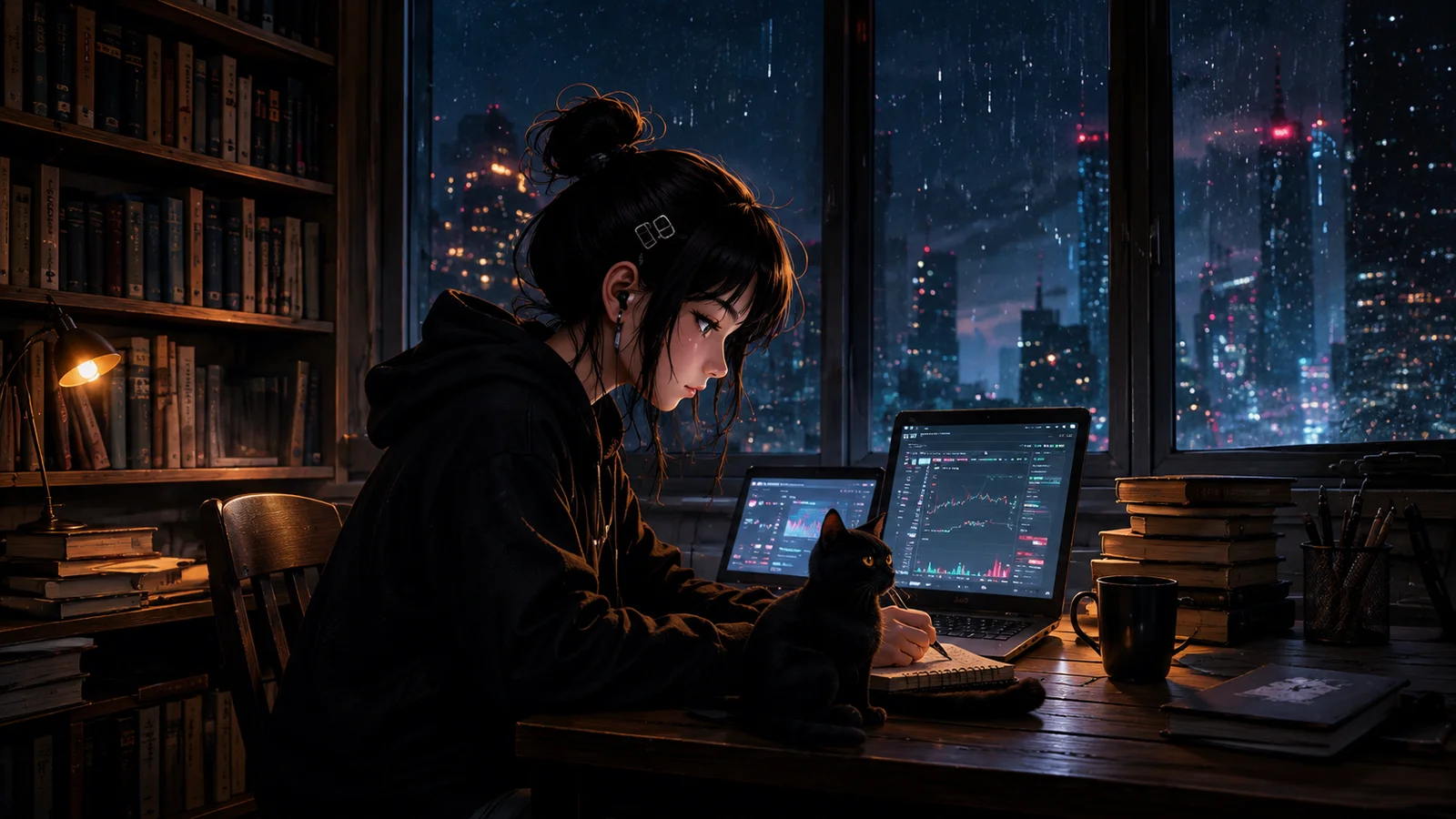 Analista operando de noche con su gato, pantallas con velas y graficos