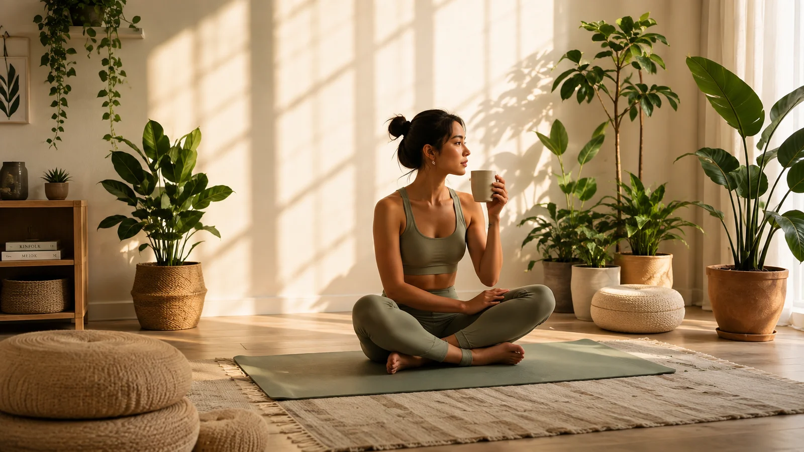 Mujer en pausa de yoga con un cafe, luz calida