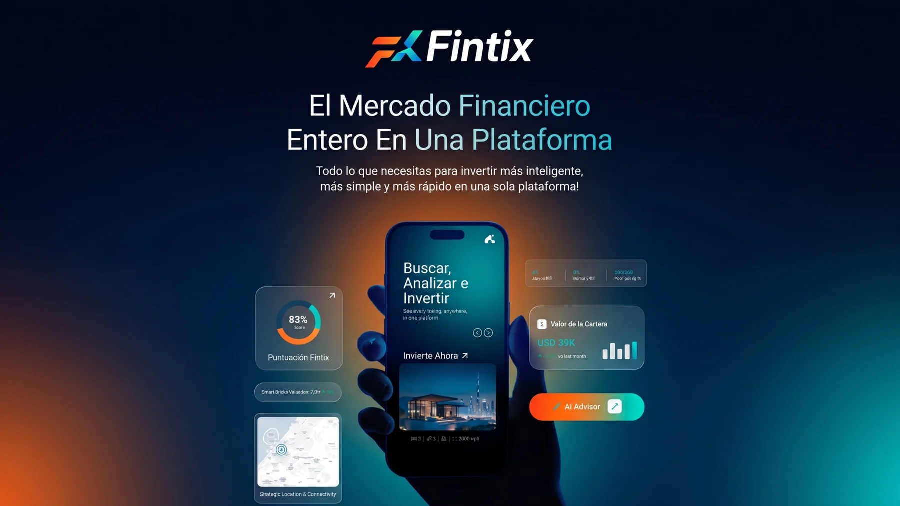 La app de Fintix mostrando busqueda, analisis y el AI Advisor en un telefono